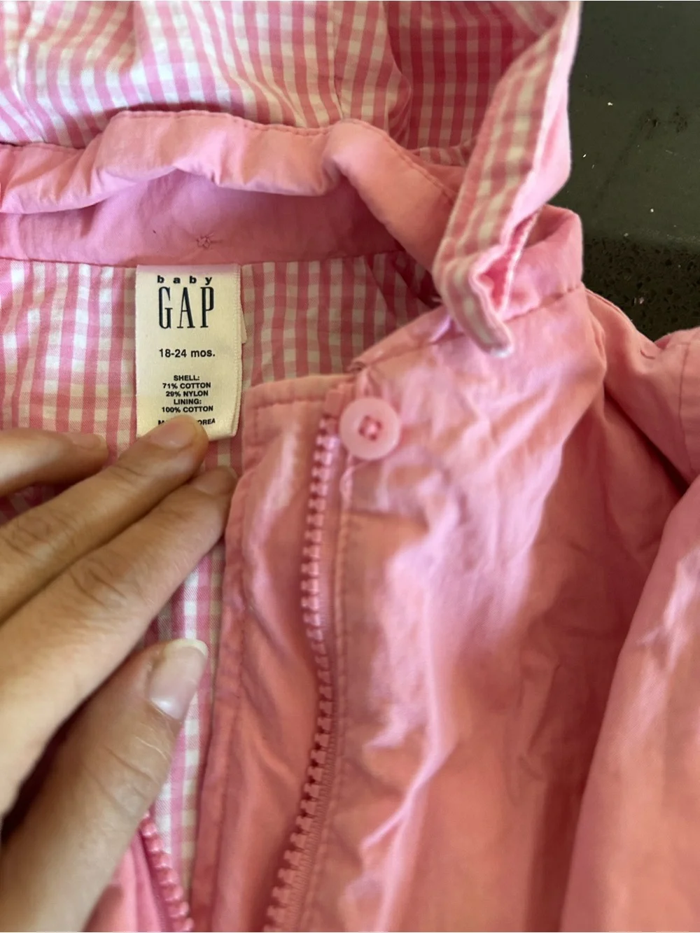 GAP Pink Hooded Baby Jacket with Gingham Lining